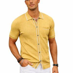 Men's Short Sleeve Full Placket RIVIERA Knit Polo Shirt Piped MOD 60s Yellow